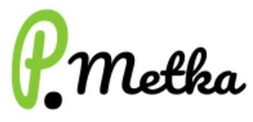 Logo Metka - opis: logo je pravokotne oblike. Na belem ozadju je velika, zelena črka P, ob njej spodaj večja črna pika in nato celotno ime Metka, v črni barvi. Uporabljena je lična pisana pisava.